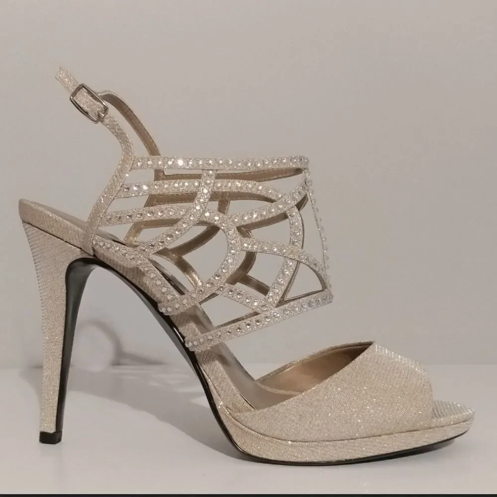 CAPARROS SILVER RHINESTONE EMBELLISHED PEEP TOE ANKLE STRAP HIGH HEEL SANDAL G1